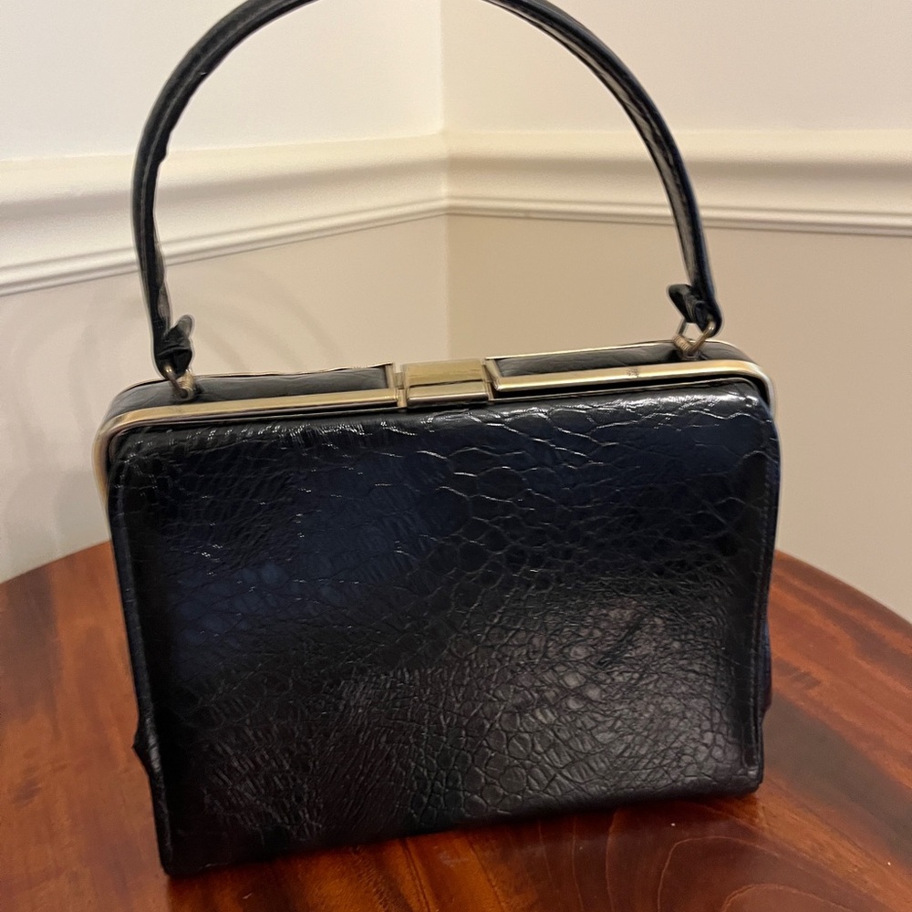 Vintage JR USA Black Patent Alligator Handbag Purse 50s 60s